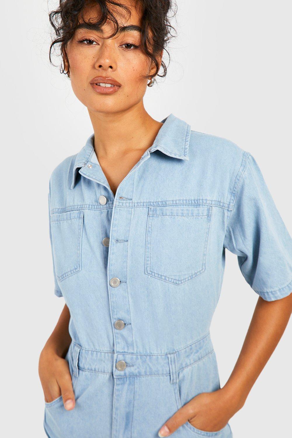 Short sleeve denim sales jumpsuit